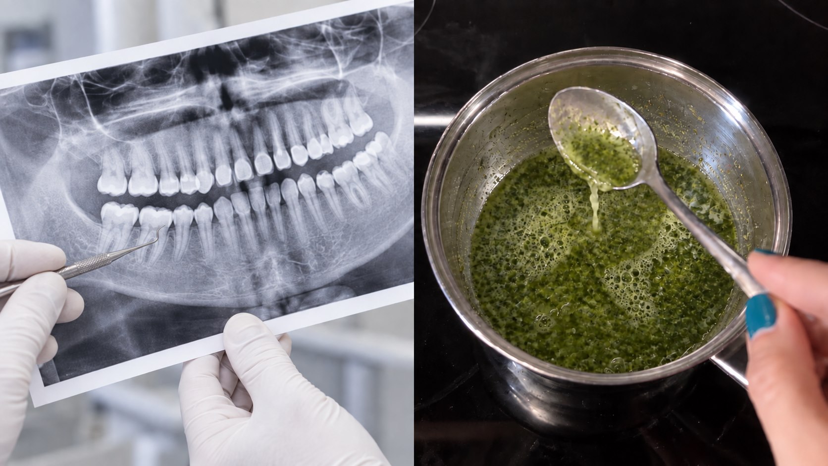 A dental X-ray beside a saucepan of green herbal mixture, with a spoon held above it.