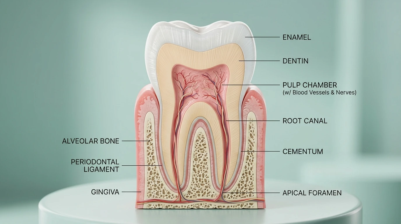Editorial illustration of a tooth atlas showing internal structure